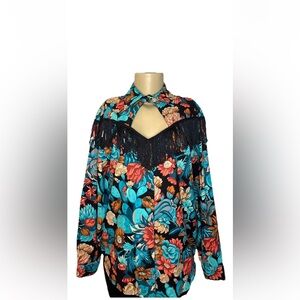 Vintage 80s Floral & Fringe Western Blouse